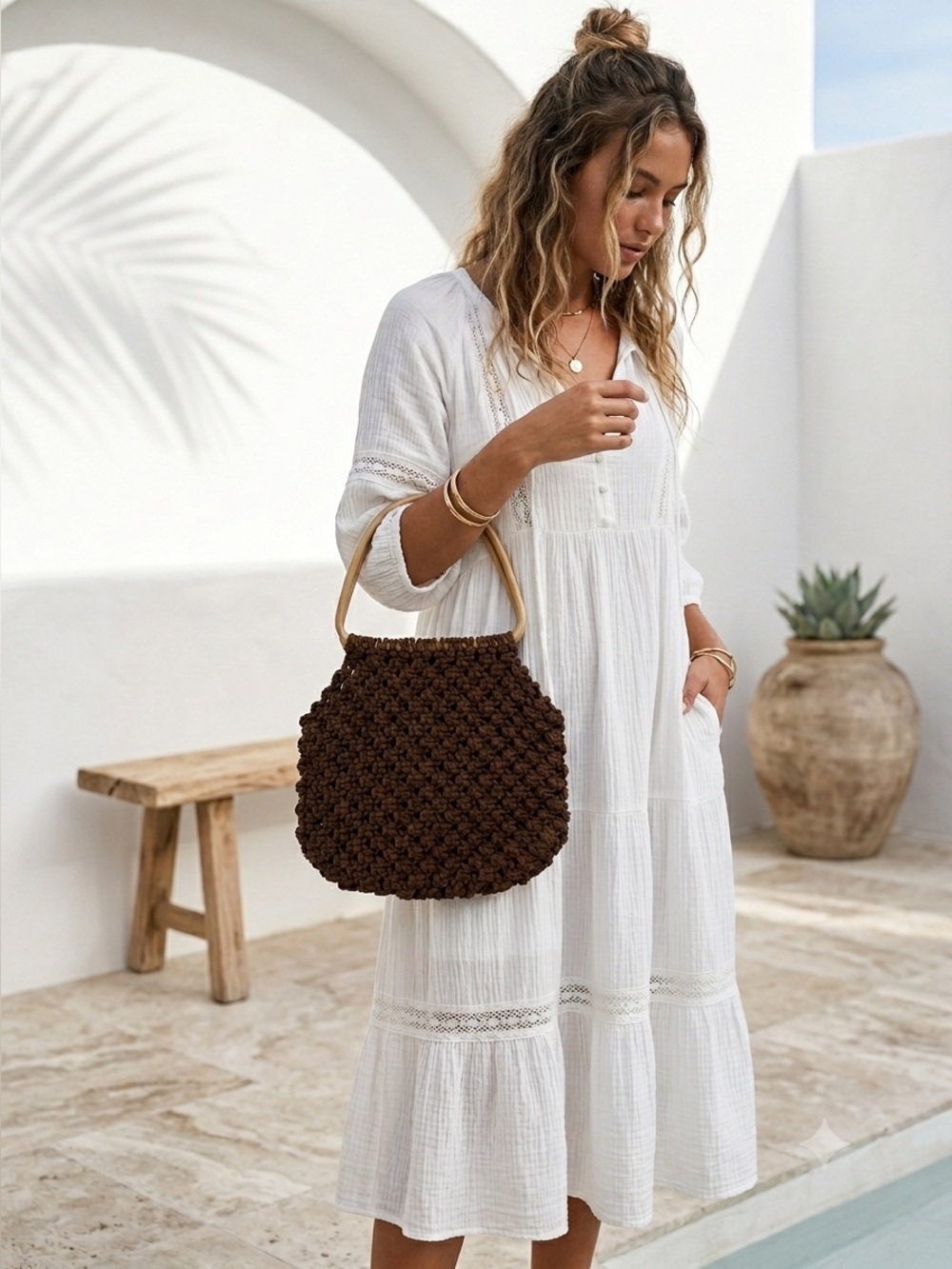 Vintage 1970s brown boho crochet knit tote bag with wood handles